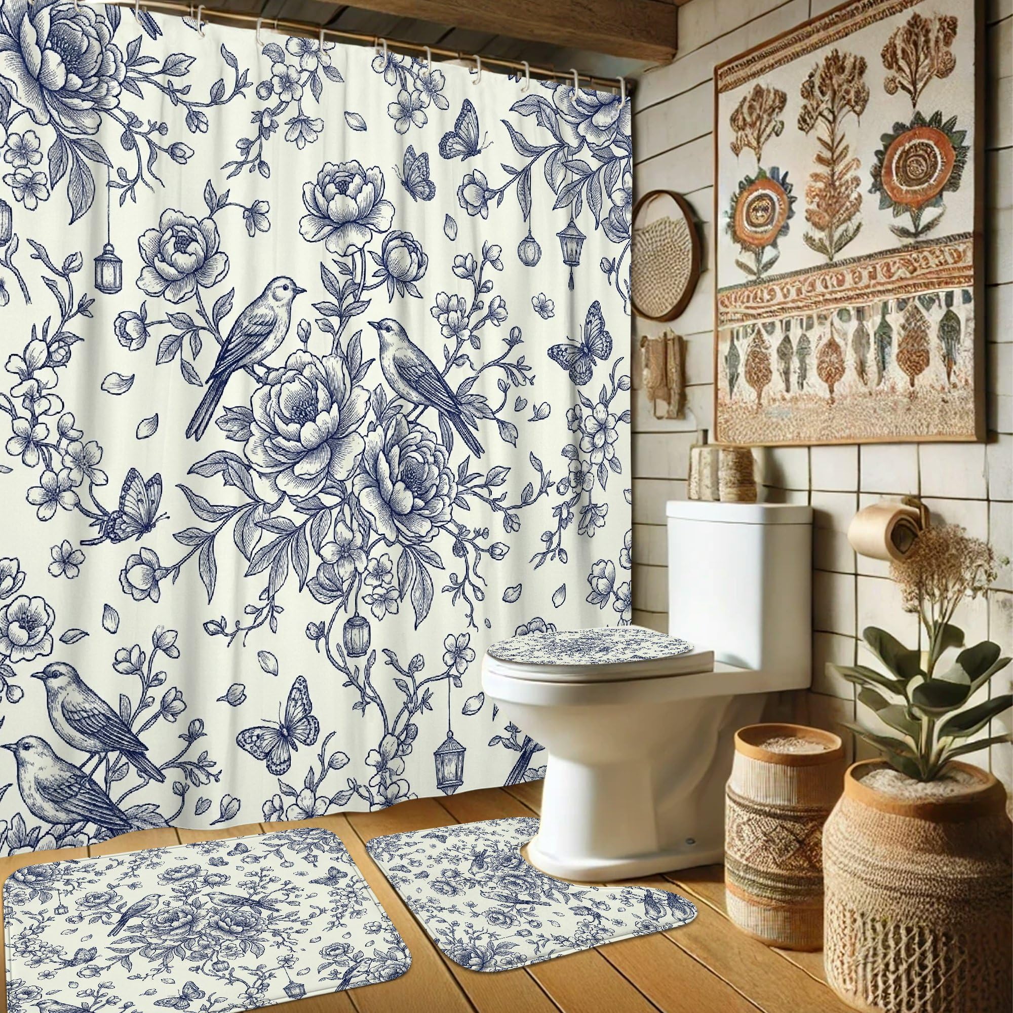 Rideau de douche imperméable pivoine bleu marine pour baignoire nette