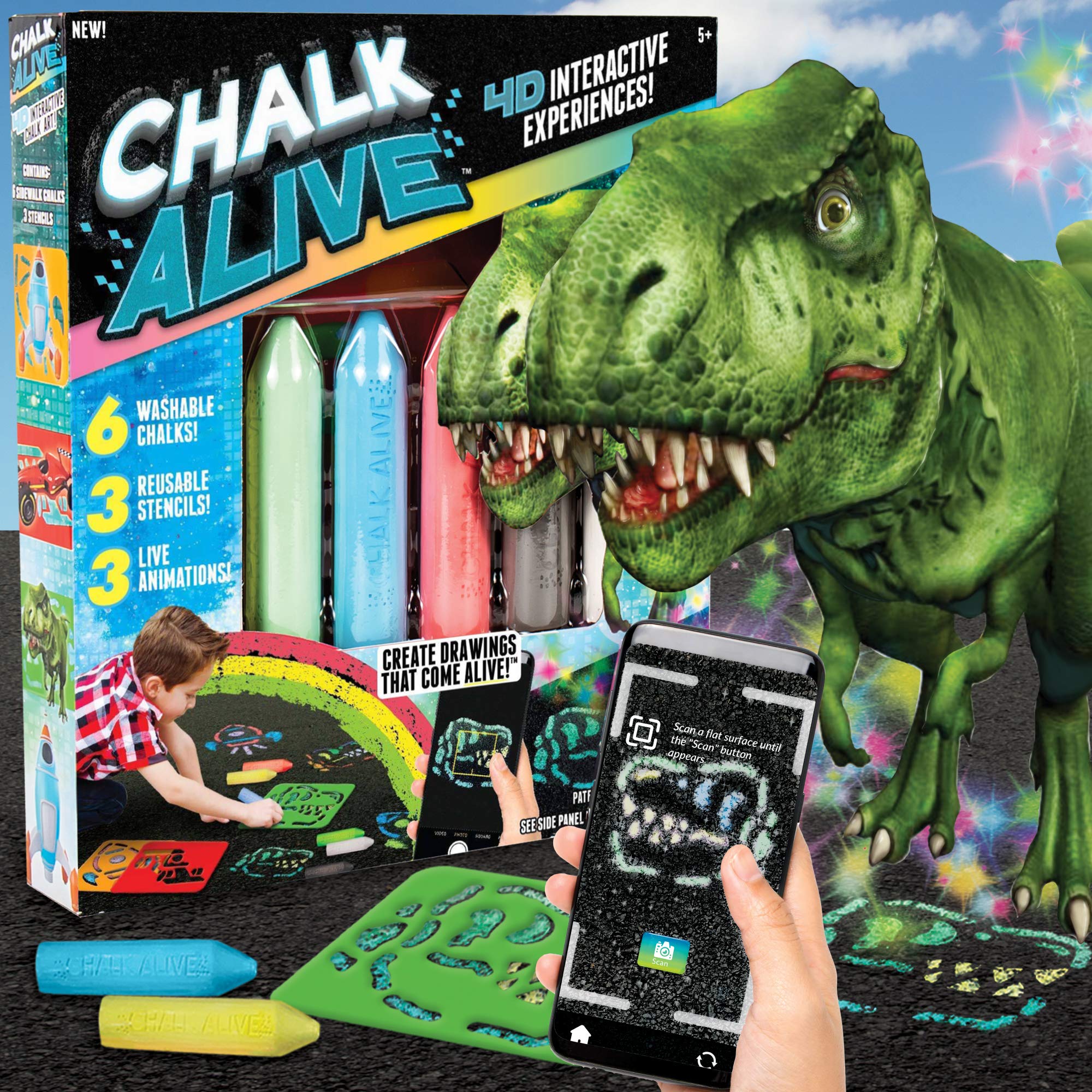 Chalk Alive by Horizon Group USA, Augmented Reality Sidewalk Chalk Art, Watch A Dino, Racecar & Rocket Come Alive, Includes 6 Interactive Chalks, 3 Reusable Stencils