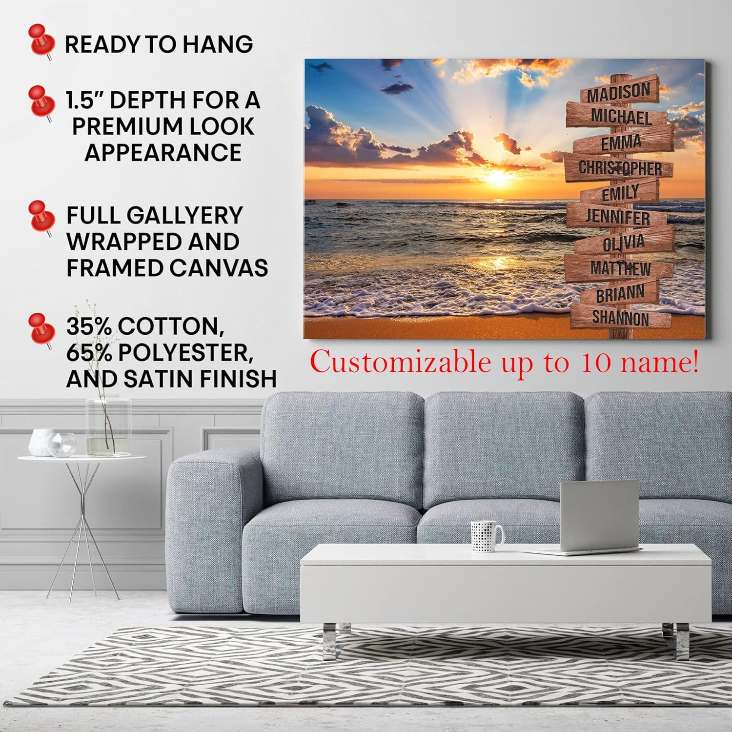My Soul And Spirit Store - Sunset Over The Beach Ocean Sunset Color Personalized Multi-Names Premium Canvas, Crossroads Personalized Canvas For Wall To Print Framed (36"x24") 36 in x 24 in