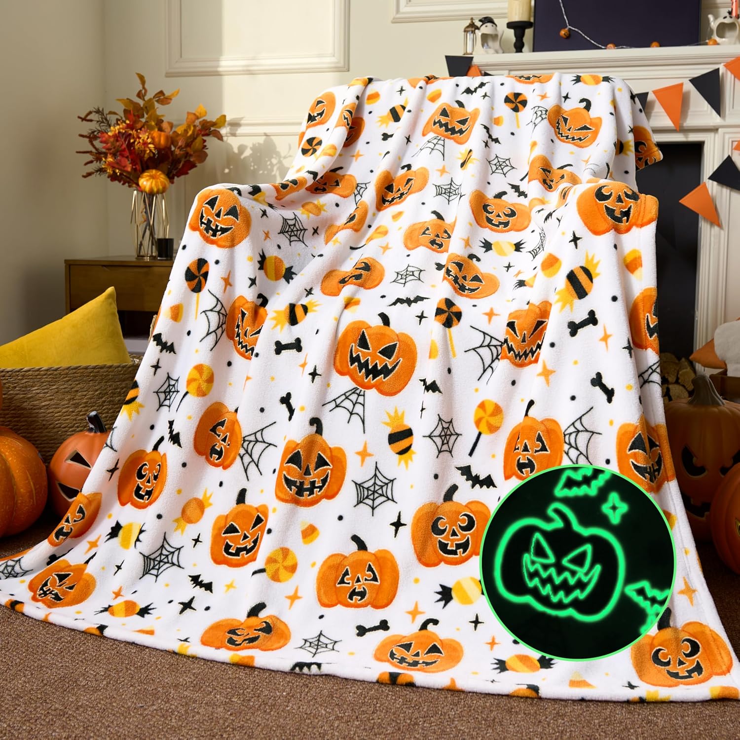 Joiedomi Halloween Blanket Soft Flannel Fleece Throw Blanket Glow in The Dark Halloween Pumpkin for Kids Bed Living Room Gifts 50"×60" White Pumpkin 50" x 60"