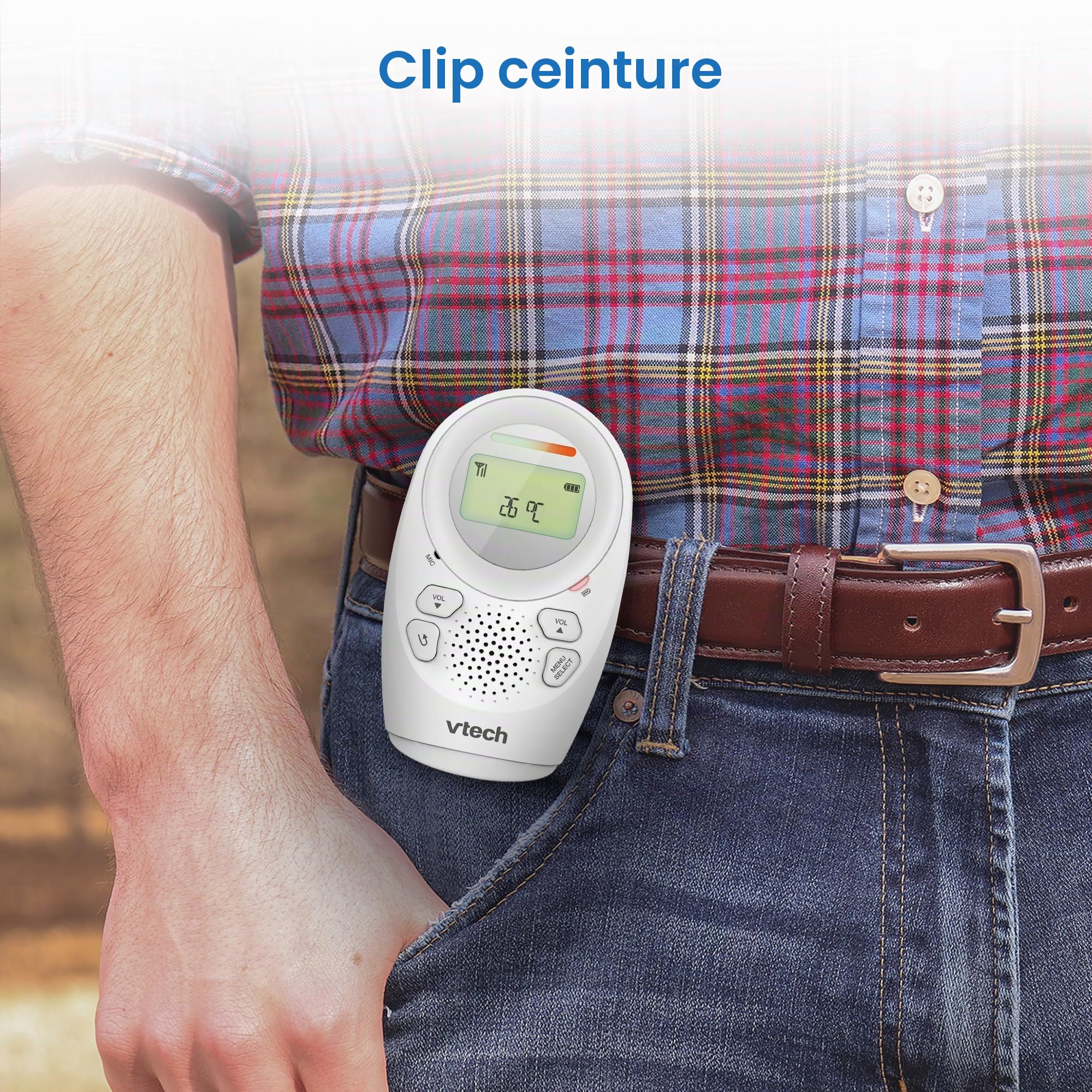 VTech DM1211 Moniteur Audio pour bébé, Longue portée, Moniteur bébé avec Conversation bidirectionnelle, Affichage du Niveau de Bruit, capteur de température, Sons apaisants, Clip Ceinture pour unité