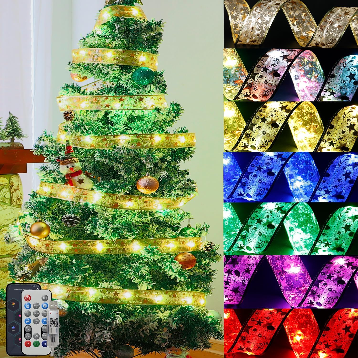 Christmas Tree Ribbon (Removable) String Lights - 33ft 100 LED Color Changing Fairy Lights with Timer and 100 Lighting Modes, USB Powered, DIY by APP (Gold)