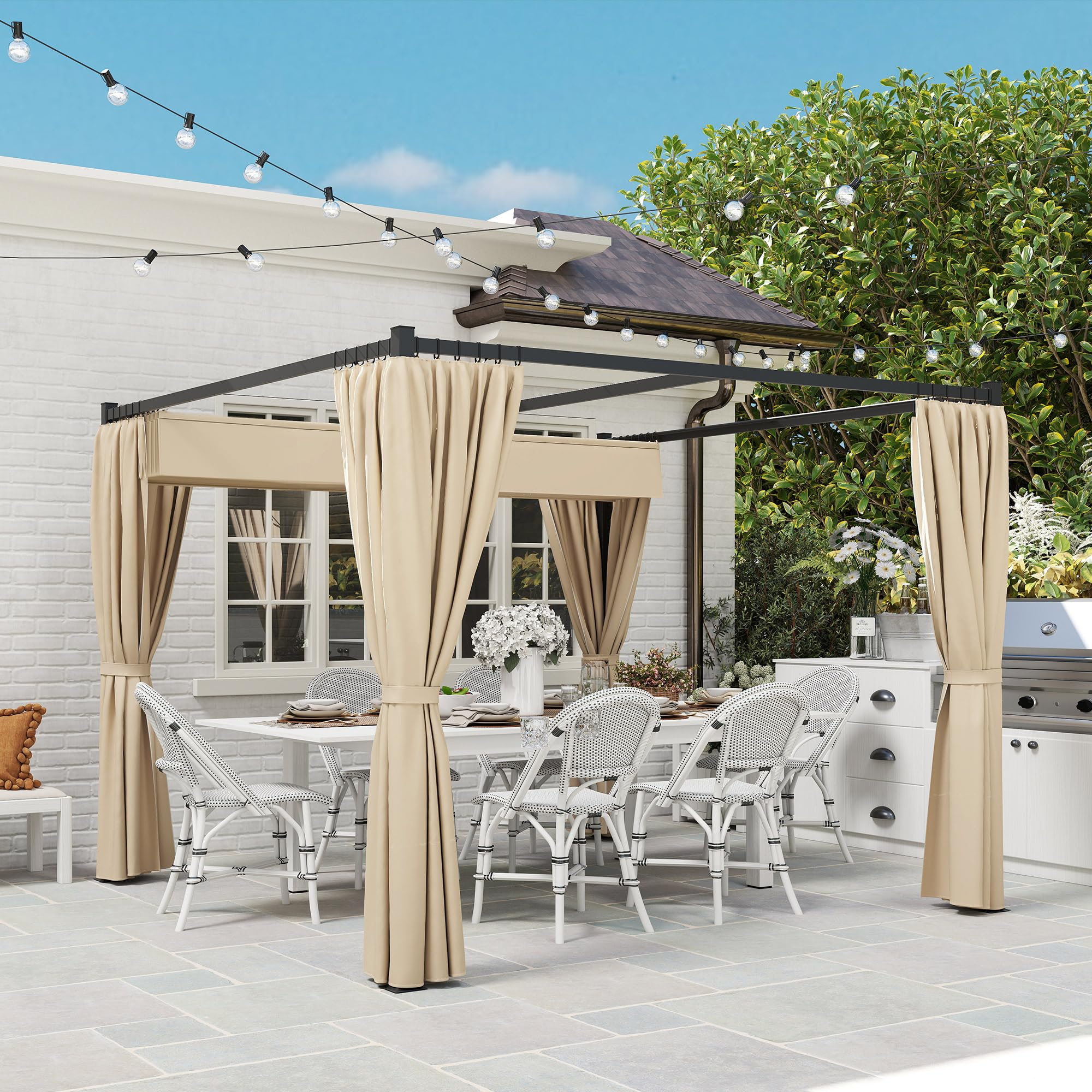 Outsunny Gazebo Pergola 3x3 m con Pareti Laterali e Tetto Retrattile, Metallo e Poliestere 180g/㎡, Beige