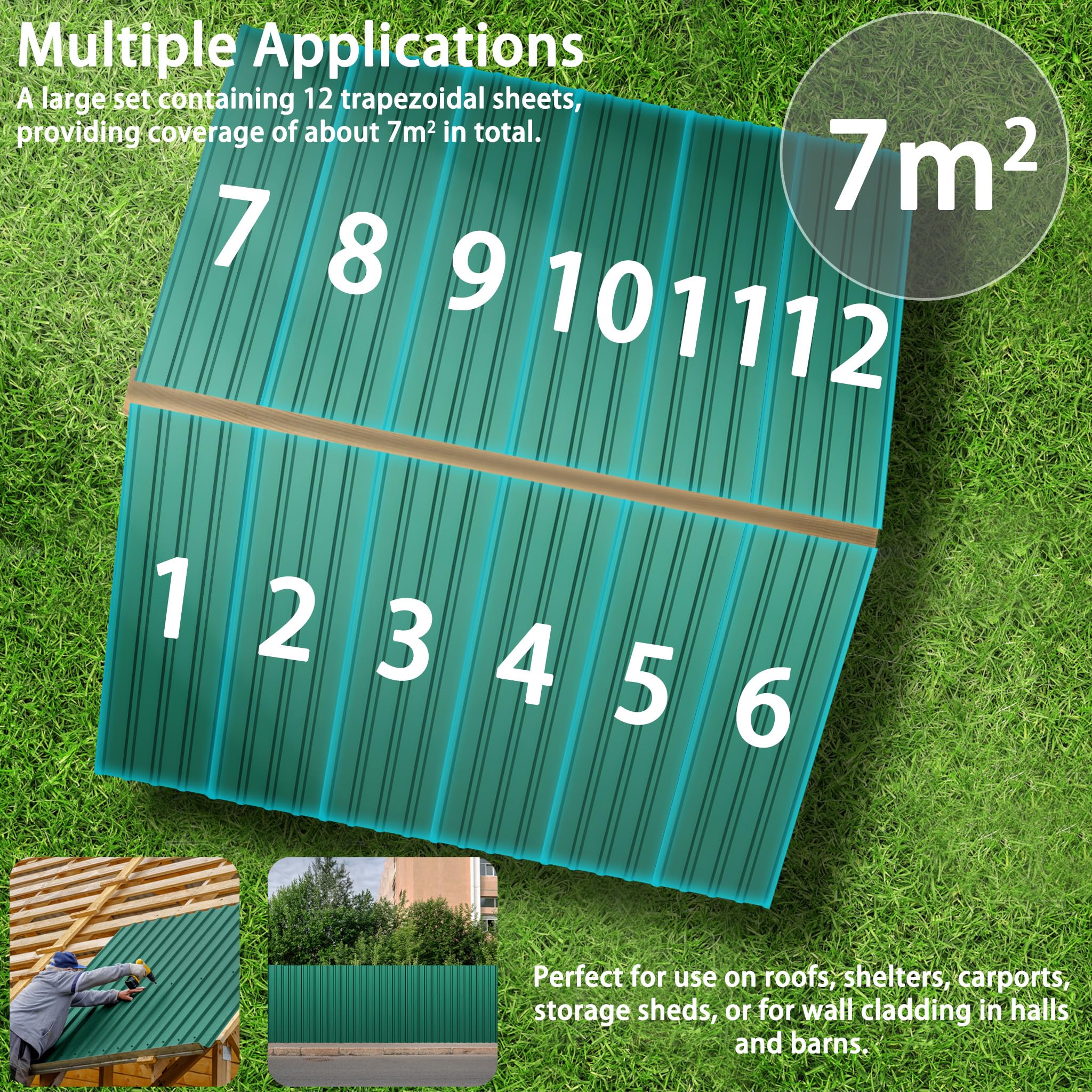 Aufun 12 láminas onduladas trapezoidales de acero galvanizado, 129,5 cm x 45 cm = 6,99 m², para cobertizo, placas de techo de 0,25 mm, incluye 120 tornillos y guantes, chapa metálica para garaje