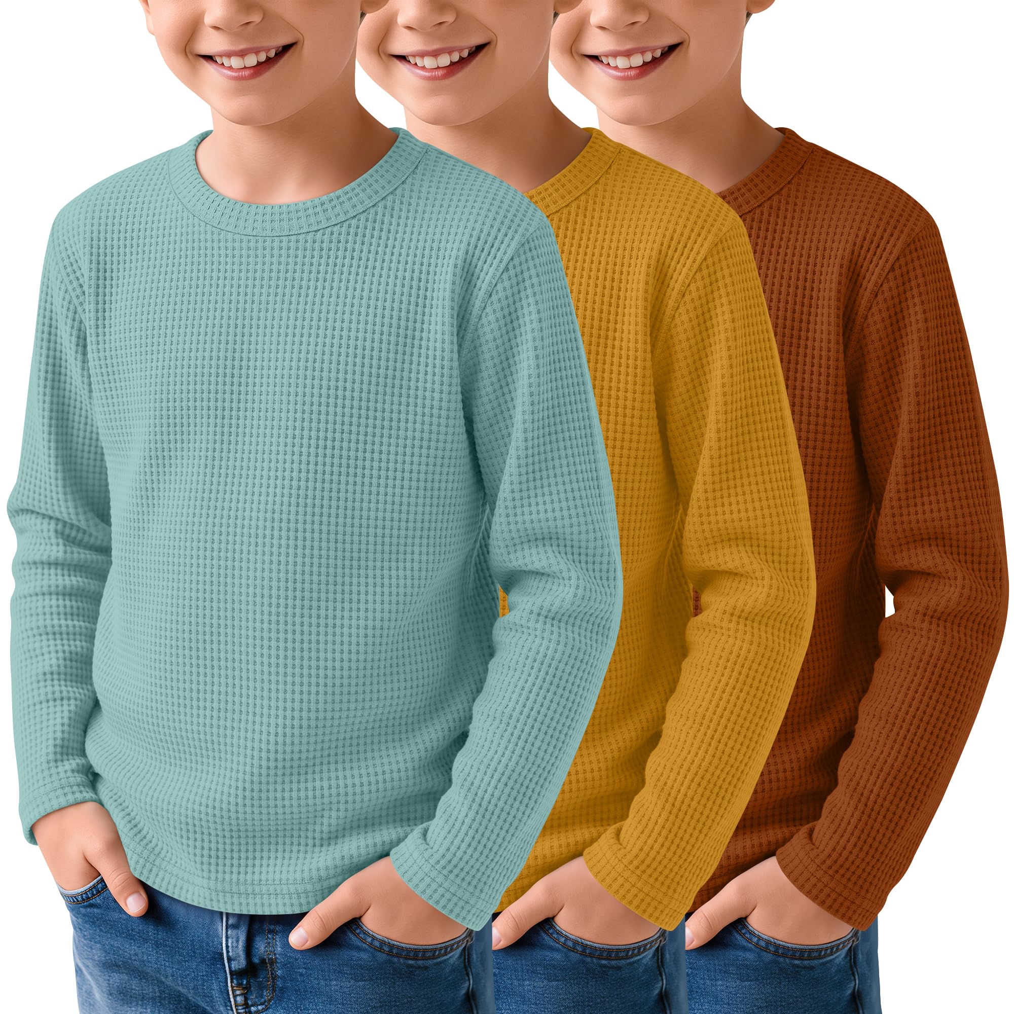 3 Pack Boys Waffle Shirts Kid Long Sleeve Warm Tops