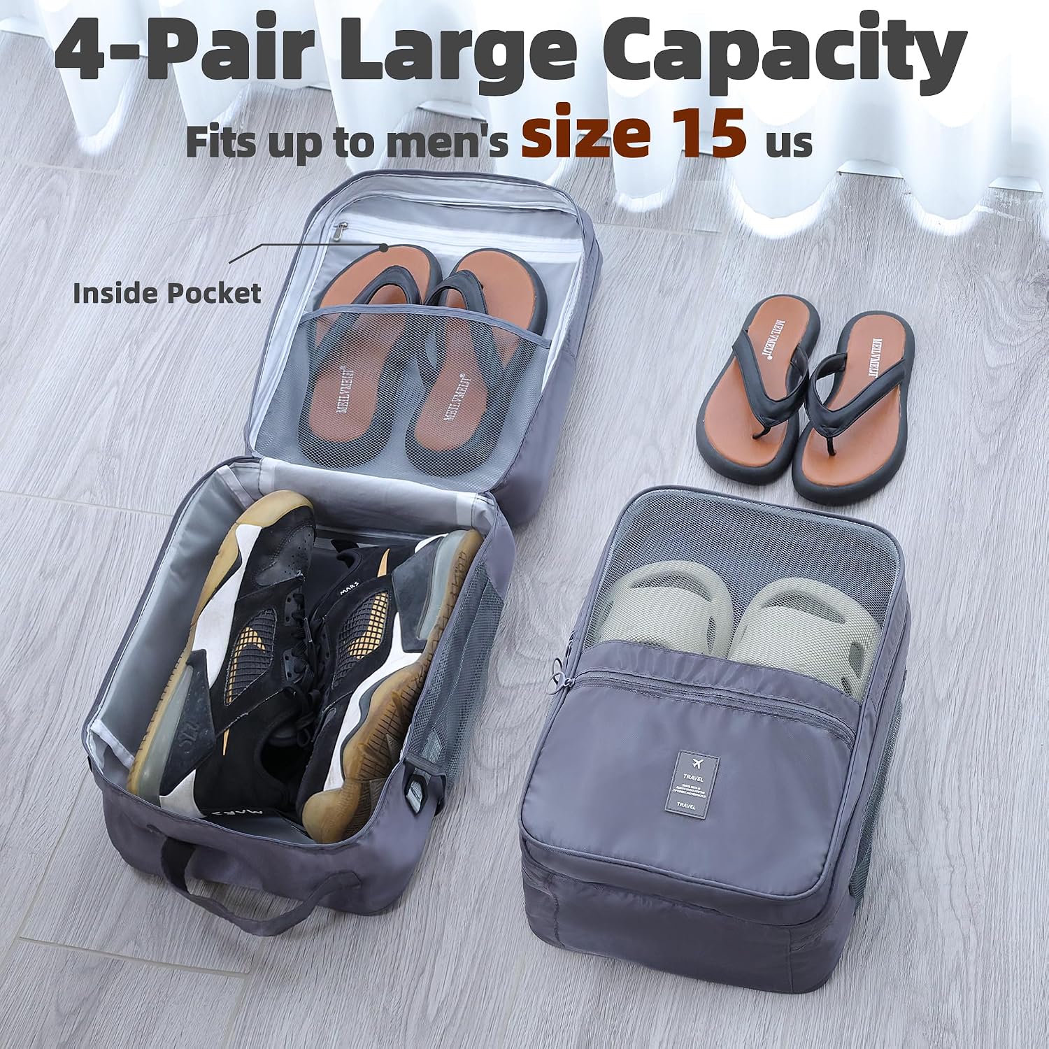 Shoe Bags for Travel Holds 4 Pair of Shoes, Shoe Storage Pouch with 2 Pack Portable Bags, Waterproof & Washable, Grey & Large image 4