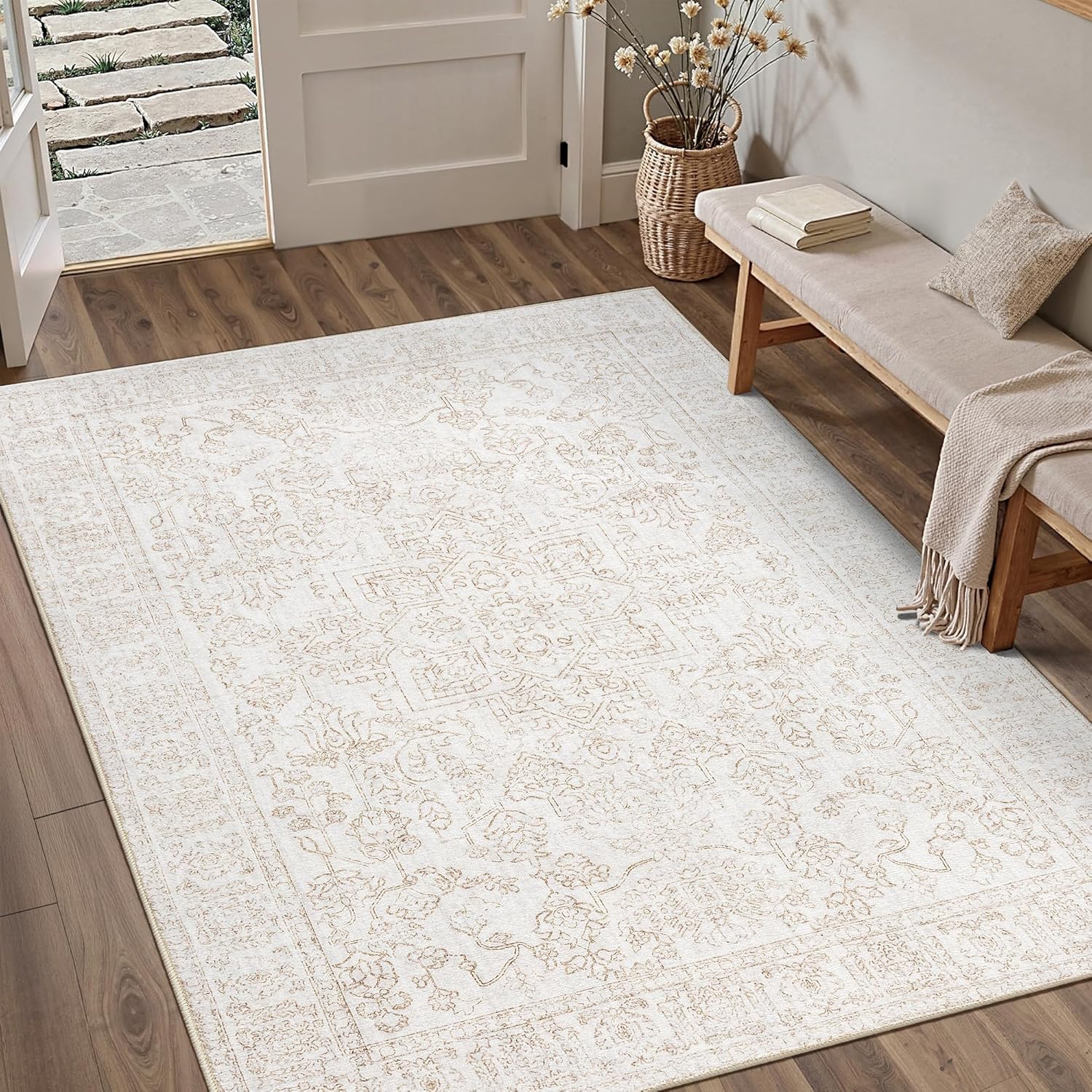 5x7 Area Rugs for Living Room Vintage Washable Rugs Brown Boho Floral Medallion Print Low Pile Non Slip Carpet Distressed Throw Rug for Bedroom Office Dining Room Kitchen Laundry Room