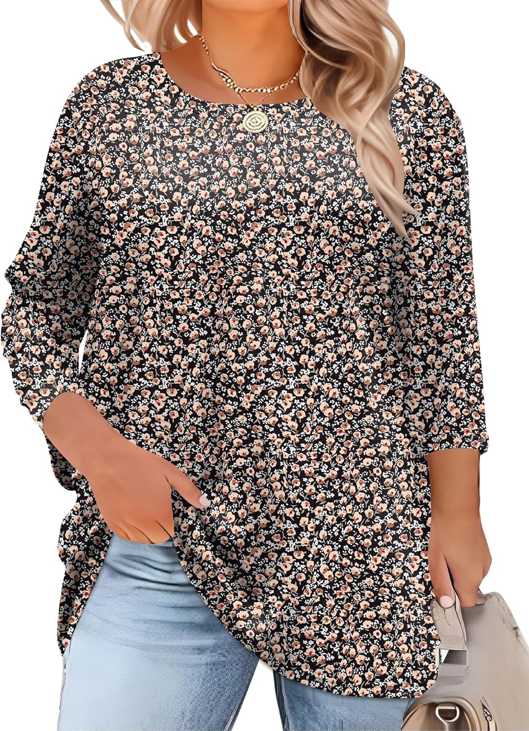 LOMON Womens Plus Size Tops 3/4 Length Sleeve Blouses Crew Neck Business Casual Tunic Tops with Asymmetrical Hem 1X-5X