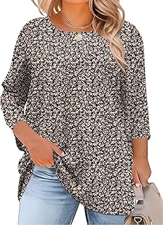 Womens Plus Size Tops 3/4 Length Sleeve Blouses Crew Neck Business Casual Tunic Tops with Asymmetrical Hem 1X-5X