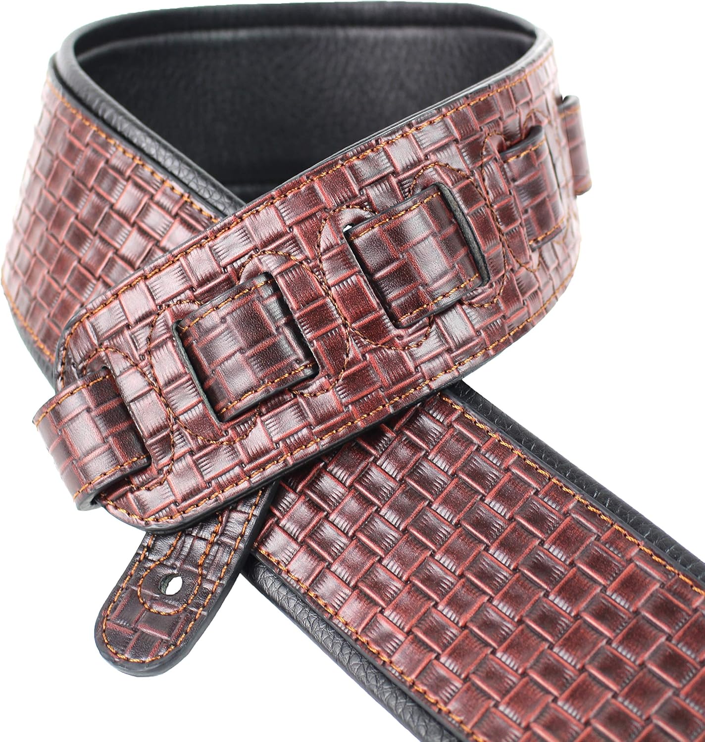 Walker and Williams GP-10 Bourbon Brown Wide Basket Weave Guitar Strap with Padded Back & Tapered Nose for Acoustic, Electric, and Bass Guitars