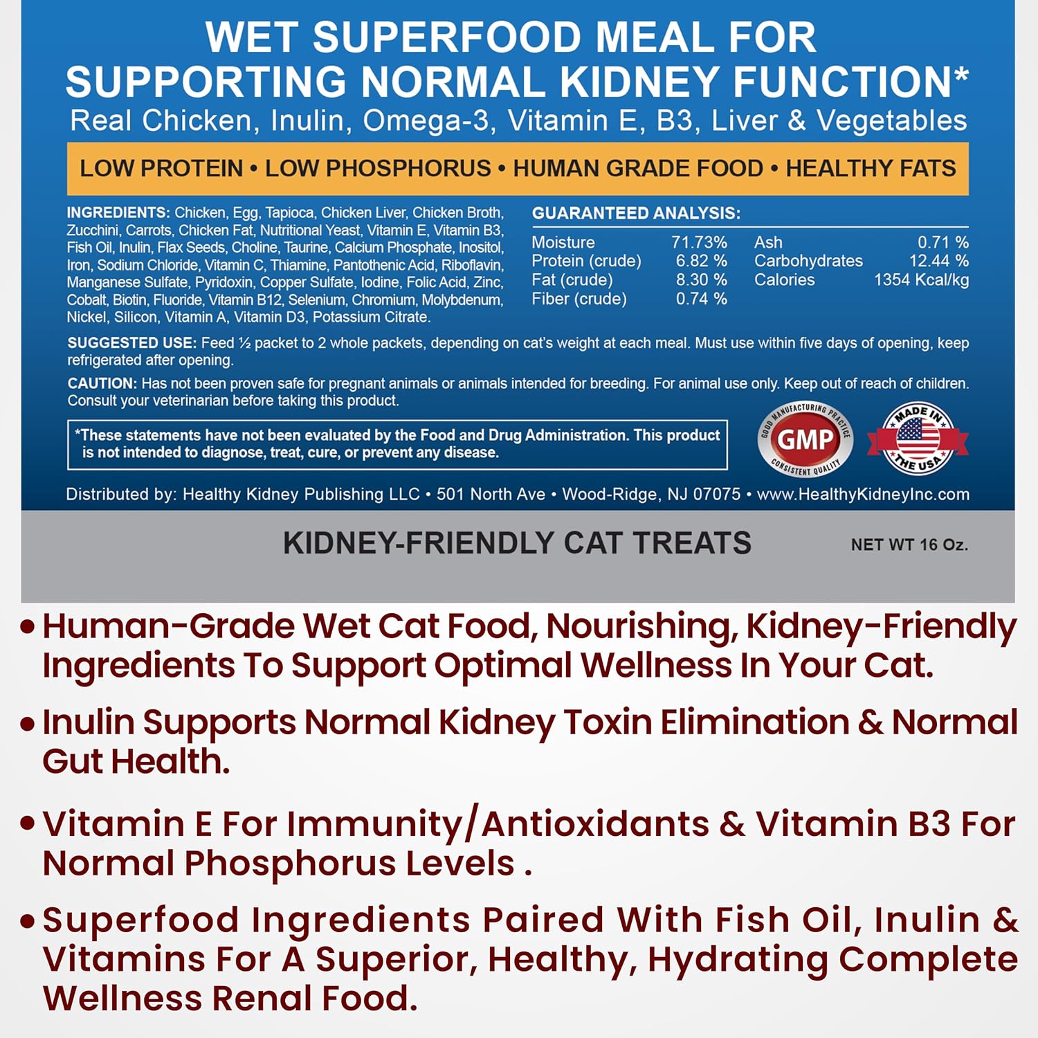 Renal Support Wet Cat Food - Low Phosphorus Human Grade USA Made Fresh Kidney Care Meal
