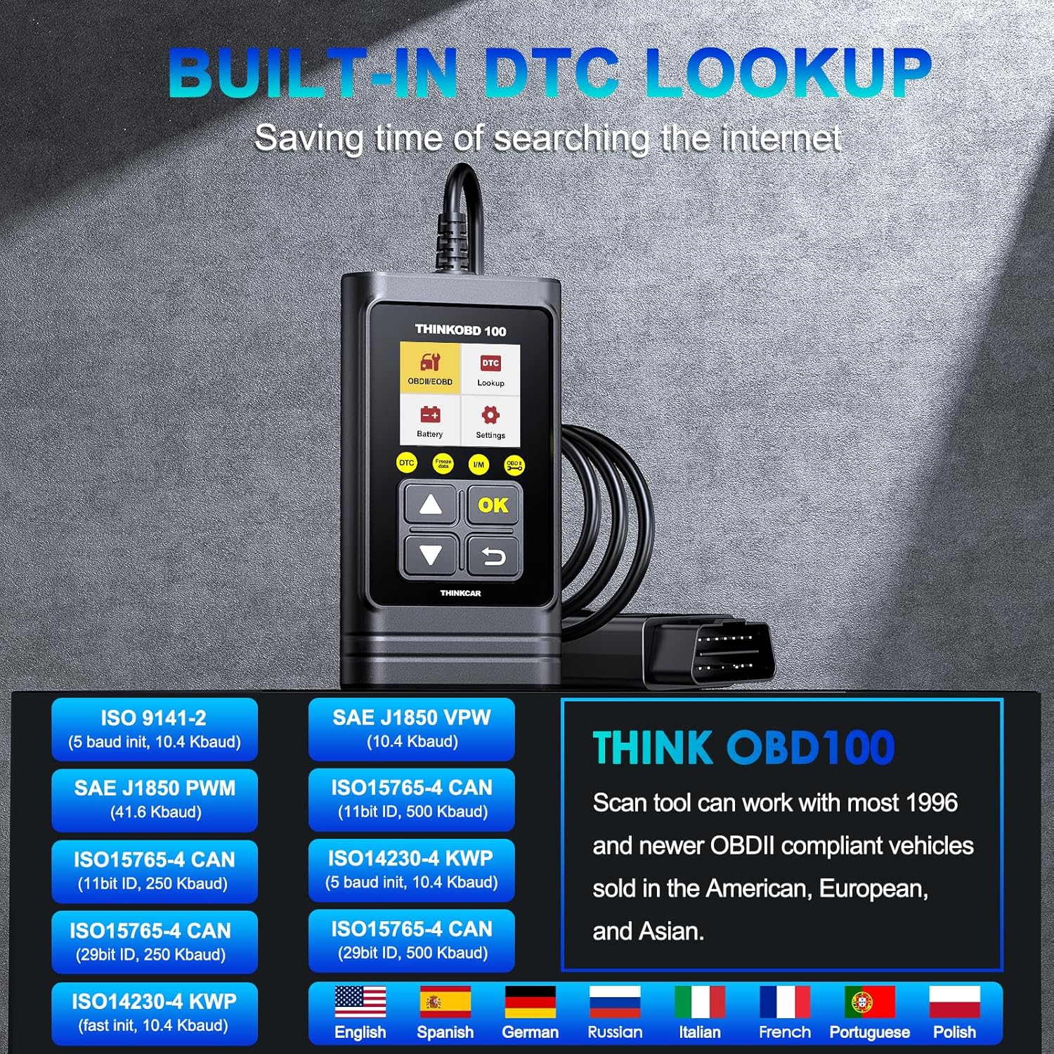 THINKCAR OBD100 OBD2 Code Reader, Universal Car OBD2 Scanner Engine Fault Reader OBD2/EOBD with Full OBDII Functions Car Diagnostic Tool for O2 Sensor/EVAP System/Smog Test