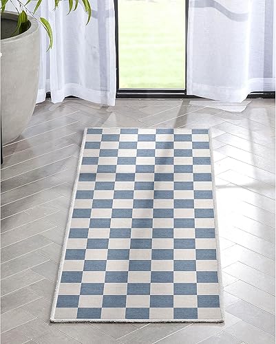 Well Woven Apollo Flatwoven Modern Squares - Alfombra de pasillo azul de 2 x 5 pies