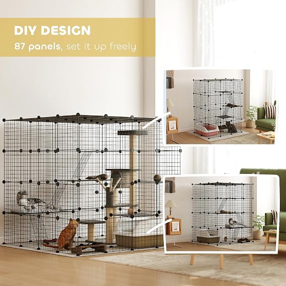 PawHut Cat Cage Indoor, Detachable Wire Cat Kennel with Hammock, 4 x 4 x 4 DIY 4 Tier Cat Enclosure with Jump Platforms, Ramps, Doors, for 13 Cats, 55 L x 55 W x 55 H, Black