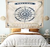 Compass Tapestry, Compass Illustration with Lettering Nautical Ocean Adventure Themed Print, Wide Wall Hanging for Bedroom Living Room Dorm, 60