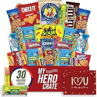 Military Valentine's Day Small Snack Box ( 31 Piece Variety Gift Basket Care Package ) Chips, Candy, Peanuts, Popcorn, Cookies, Gummy Snacks, Chocolates and More - My Hero Crate