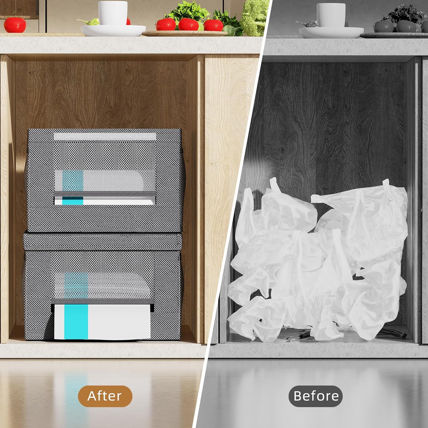 Trash Bag Holder Dispenser 2 Pack,Oxford Cloth Garbage Bag Storage Organizer with Mesh Pockets, Foldable Trash Bag Container Fits 13 Gallon Rolls for Kitchen Pantry Organizer(Small) - Image 4