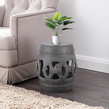 Feng Shui Coins 16" Chinese Ceramic Drum Garden Stool, Matte Gray