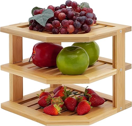 Miniatura 4 de Estante esquinero de bambú, organizador de encimera de 3 niveles, estante de almacenamiento de cocina para armarios y platos