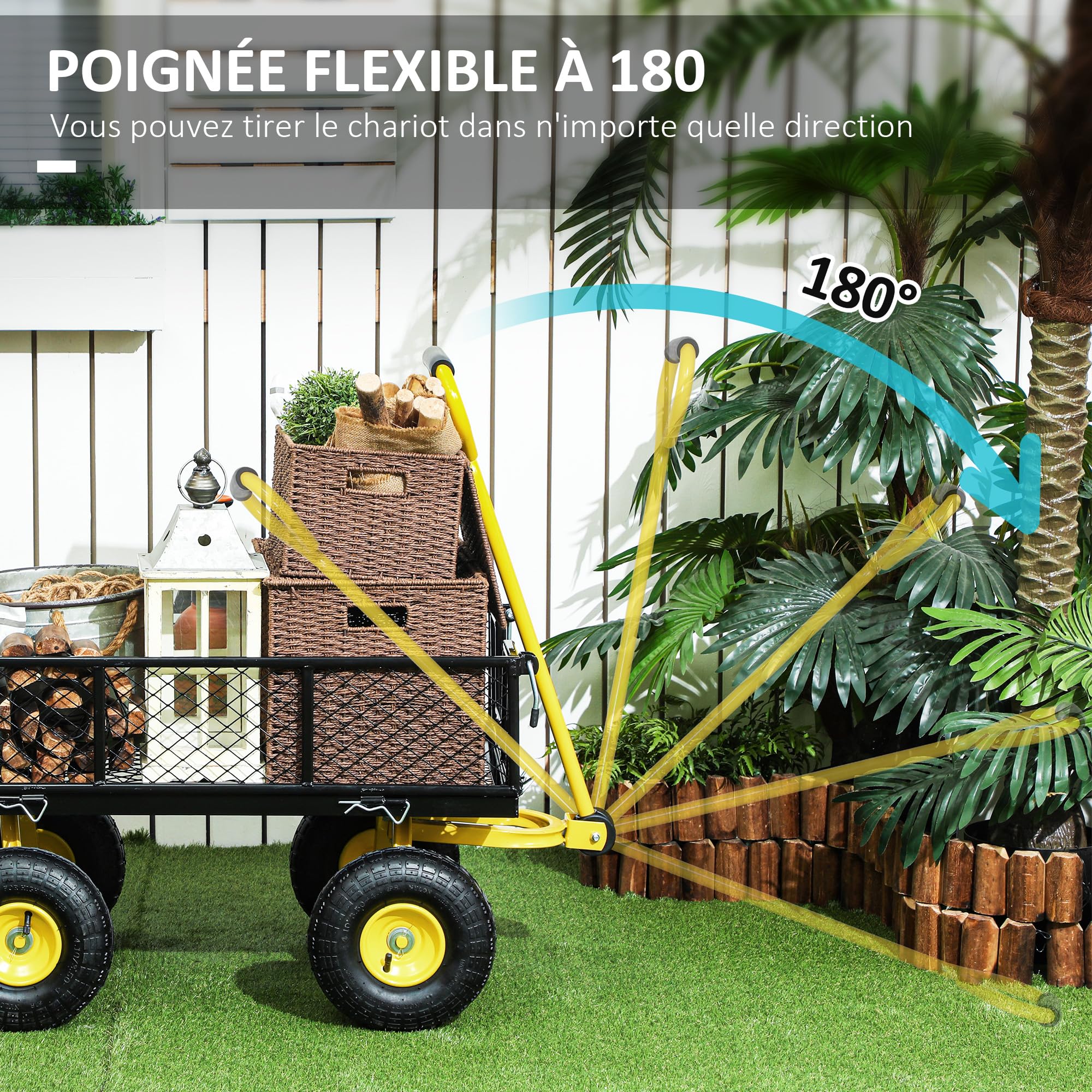 Outsunny Chariot de Jardin en Acier, Chariot de Transport, côtés Amovibles Transformable en Plateau, 4 Roues, 200 kg, charrette, remorque, poignée rotative à 180°, Noir et Jaune