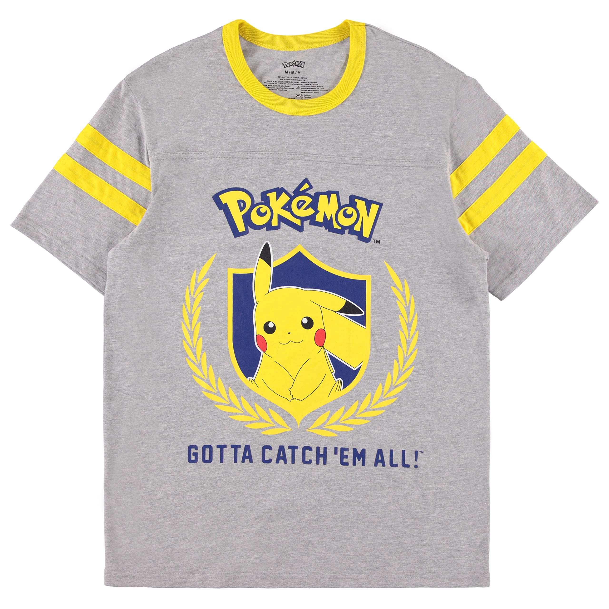 Pokémon Women's Heather Pokemon Pikachu Game Shirt - Gotta Catch Em All - Ash Pikachu Charizard Pokeball Varsity Stripe Sleeve Athletic Tee, Medium