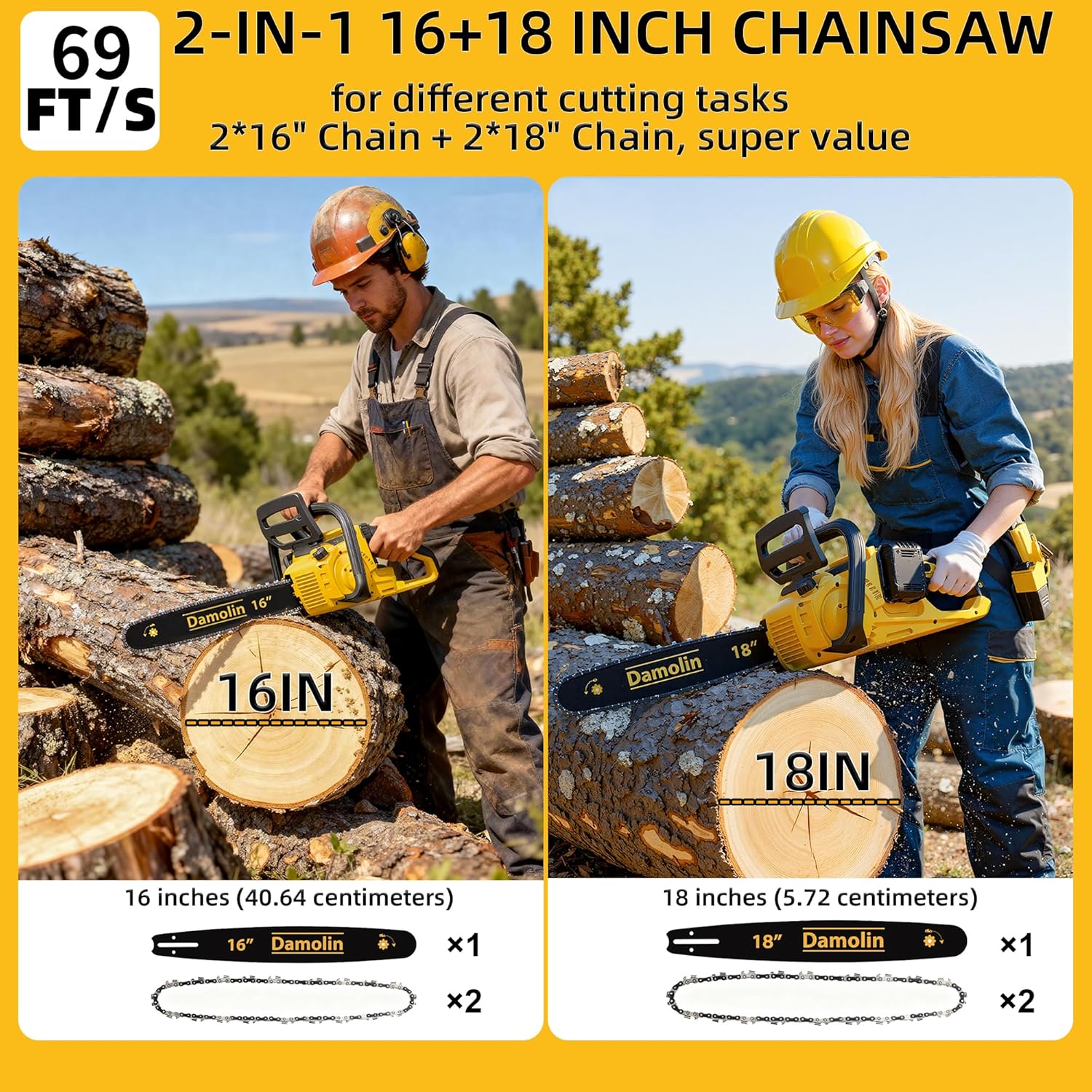 40V(20V*2) 16"+18" 2-IN-1 Brushless Chainsaw Cordless, Electric Powered Chainsaw Compatible with Dewalt Battery with Auto Oiler & Safety Lock Brake, for Tree Trimming Branch Wood Cutting(ONLY TOOL) - Image 3