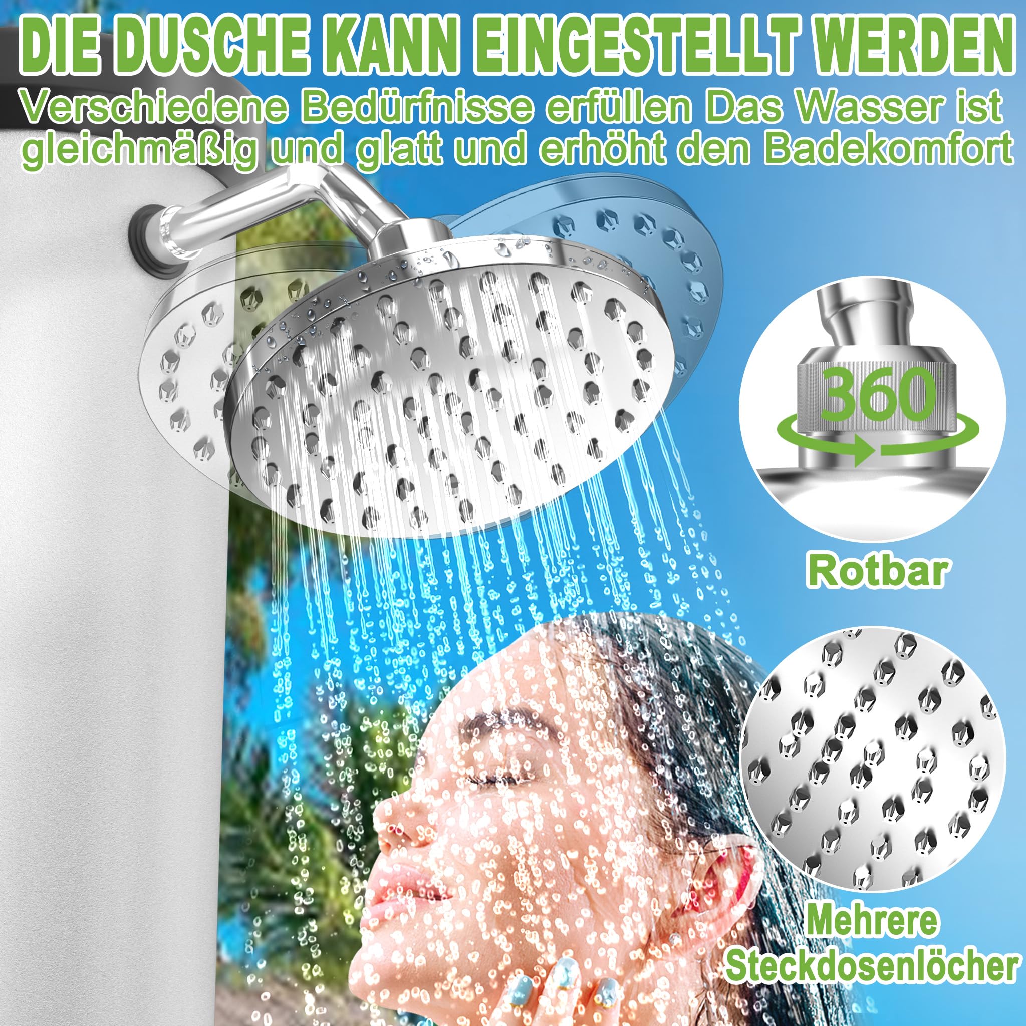 UISEBRT Ducha solar de 40 litros, ducha solar de jardín de 216 cm de alto, cabezal de ducha de lluvia giratorio, máx. 60 °C, ducha exterior con grifo y juego de conexión para piscina, jardín y camping