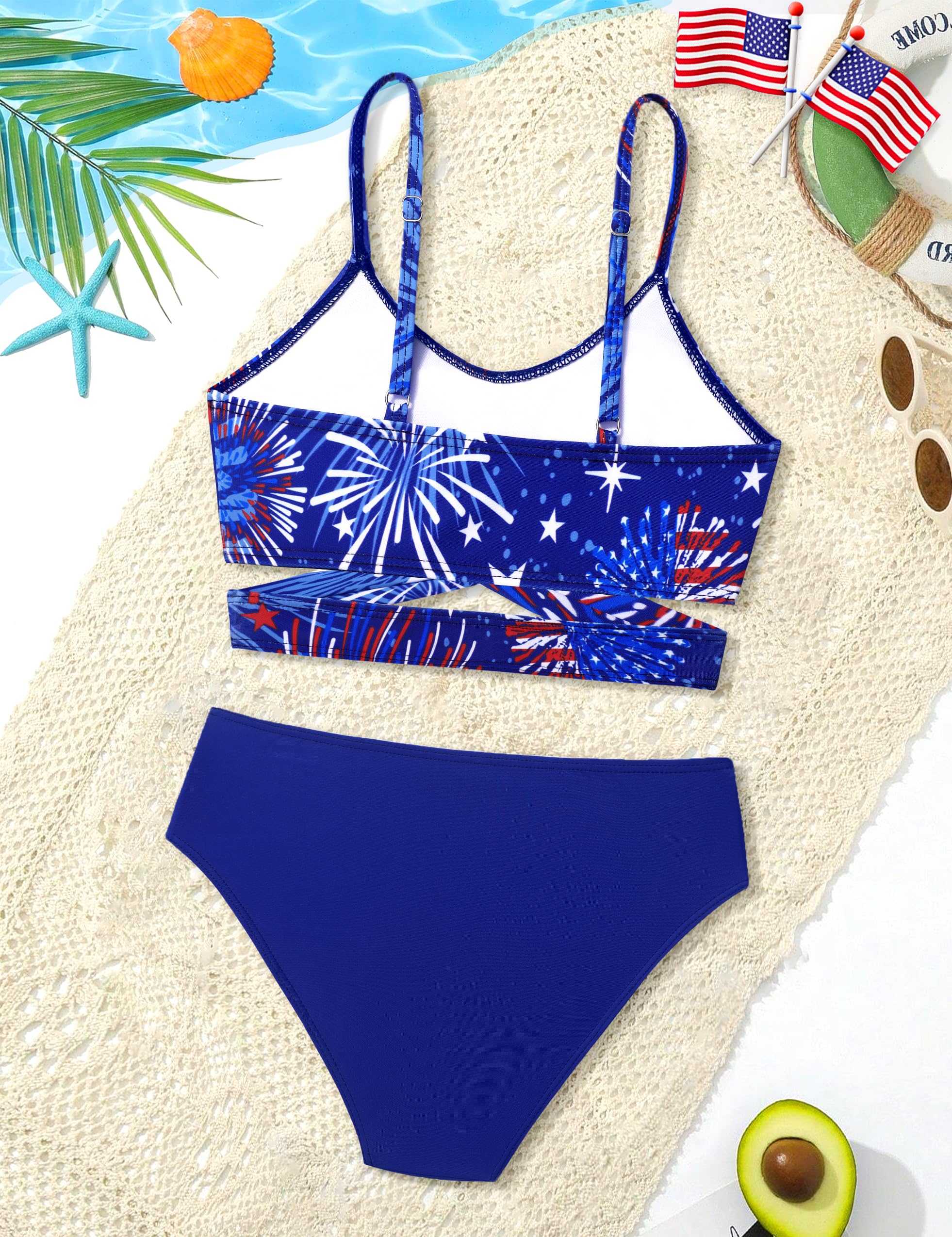 AGERWAY Traje de baño para niñas, conjunto de bikini entrecruzado, traje de baño de dos piezas, traje de baño de color sólido, traje de baño 7-16T
