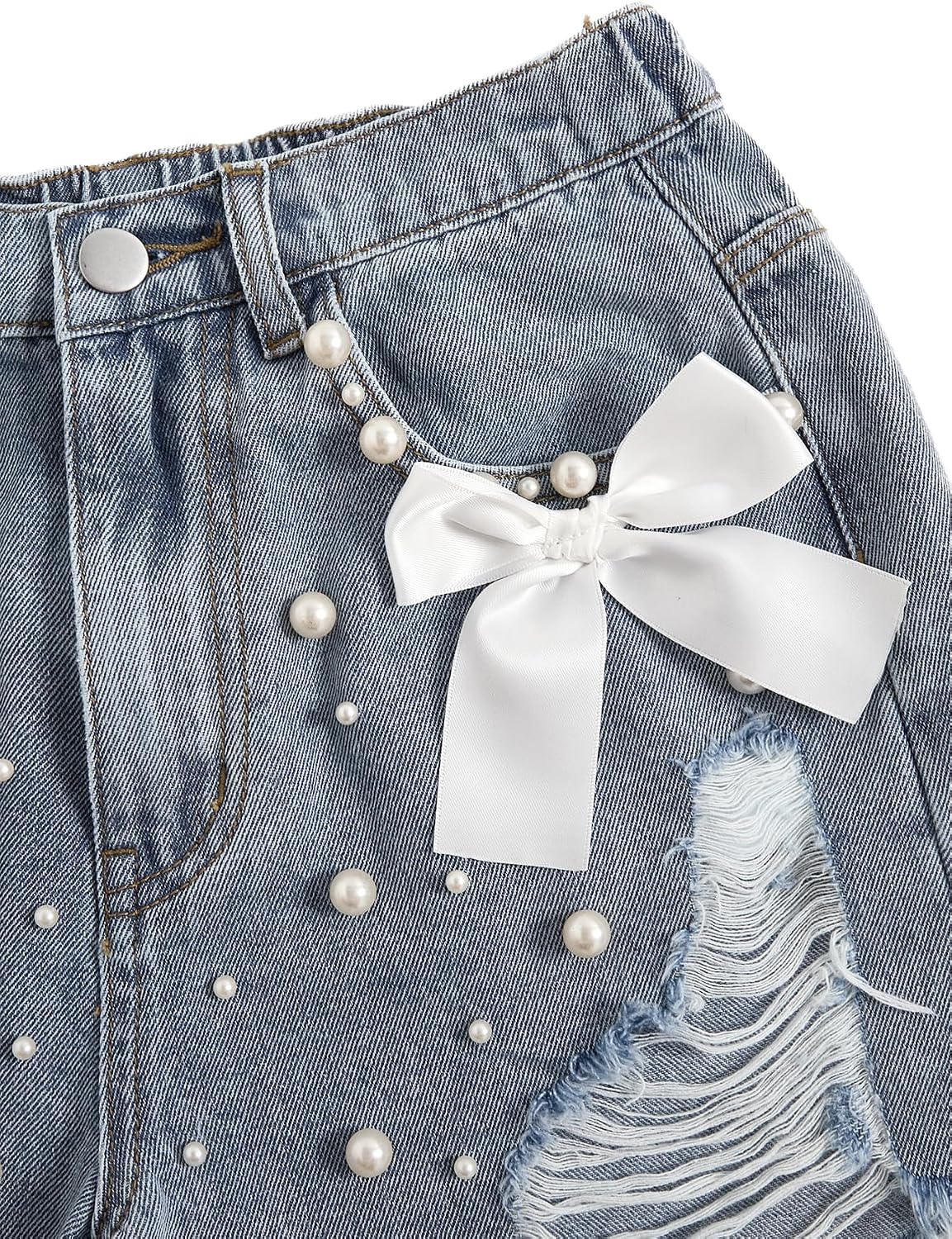 GORGLITTER Girl's Denim Jean Shorts Jorts Bow Summer Trendy Ripped High Waist Straight Wide Leg Shorts Cute Clothes