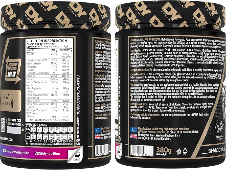 DY Nutrition - Blood & Guts Pre Workout Powder, 380g - High Strength Preworkout with 350mg Caffeine, Citrulline Malate, Beta Alanine, Arginine AKG, L-Tyrosine, Vitamin B3 for Men & Women (Bubblegum) :