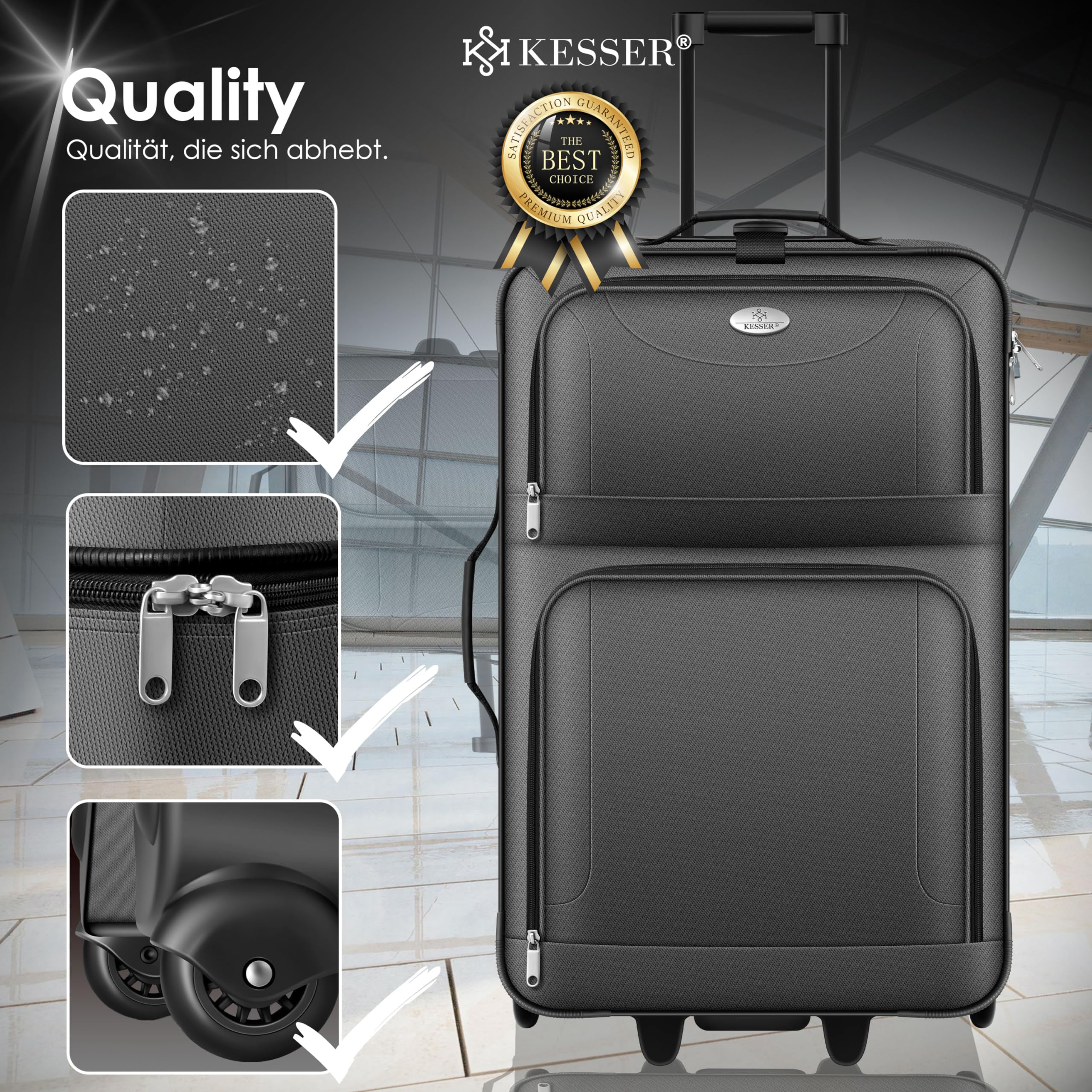 KESSER® Set di 4 valigie da viaggio con ruote, set completo da 4 pezzi, S M L XL, scomparto a rete, ruote, manico telescopico, valigetta da viaggio, bagaglio a mano, antracite.