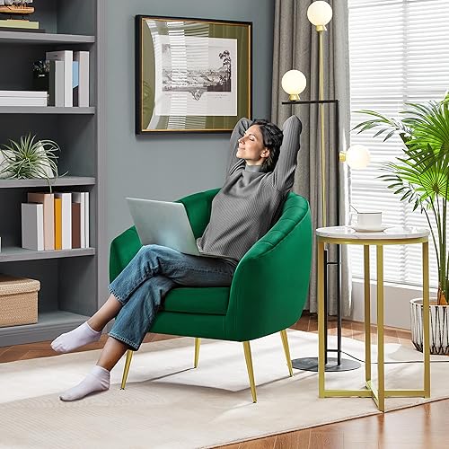 Miniatura 3 de Yaheetech Silla decorativa, moderna y acogedora silla de barril con patas de metal dorado, sillón de acento copetudo para sala de estar, dormitorio,