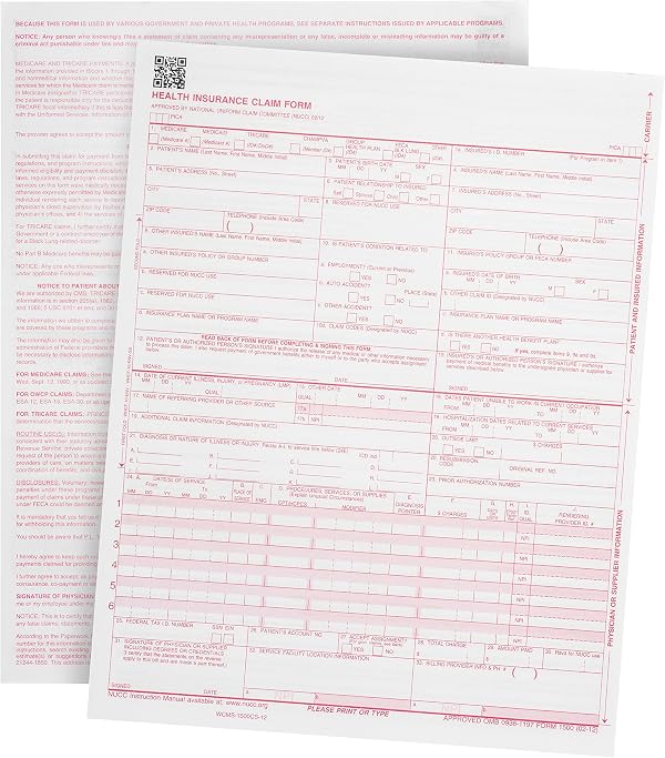 500 CMS 1500 Claim Forms, Current HCFA 02/2012 New Version Valid for HCFA 1500 Claim Forms 2025 and 2026, Line Up with Billing Software, Laser Compatible