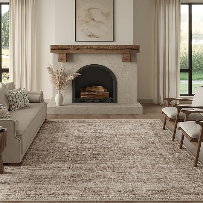 9x12 Washable Area Rug Vintage Neutral Distressed Large Taupe Non Slip Carpet for Living Room Bedroom Soft Low Pile Indoor Mat Retro Floral Throw Rug for Dining Room Kitchen Office Nursery