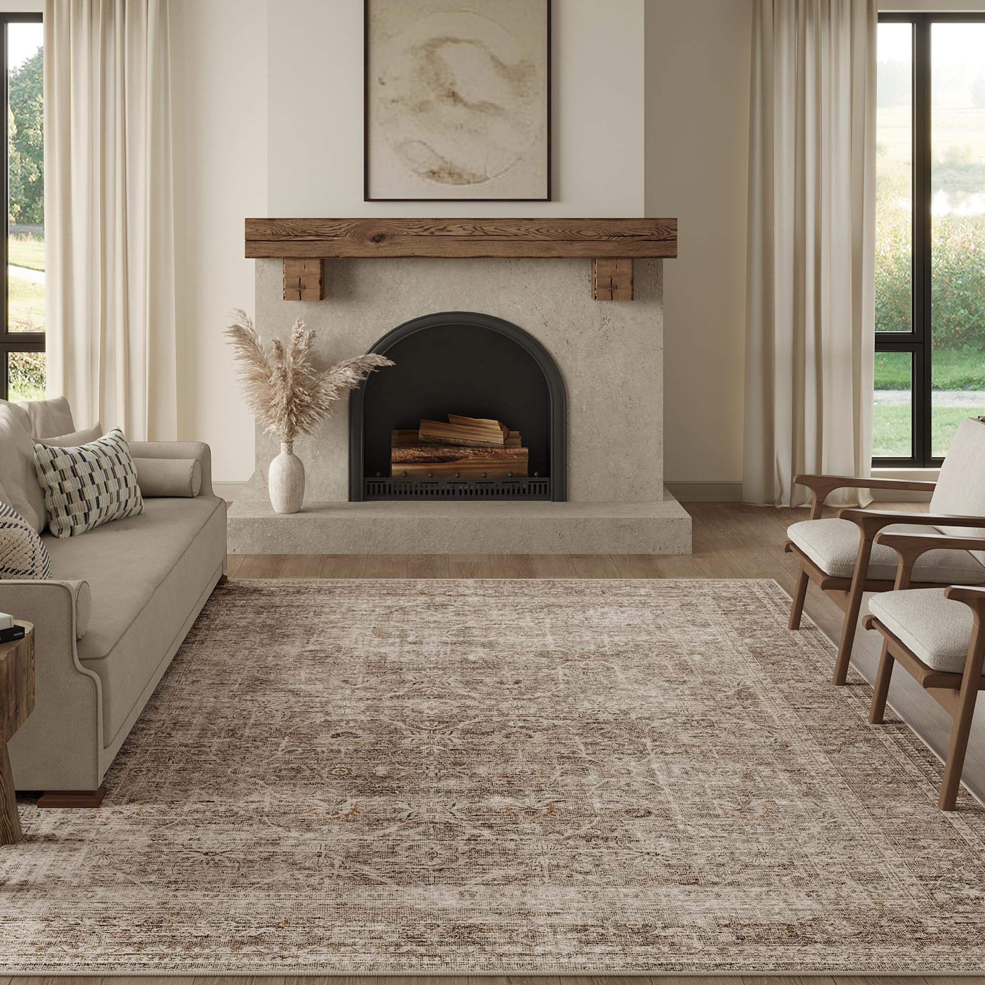 FMFUNCTEX 8x10 Washable Area Rug Vintage Neutral Distressed Large Taupe Non Slip Carpet for Living Room Bedroom Soft Low Pile Indoor Mat Retro Floral