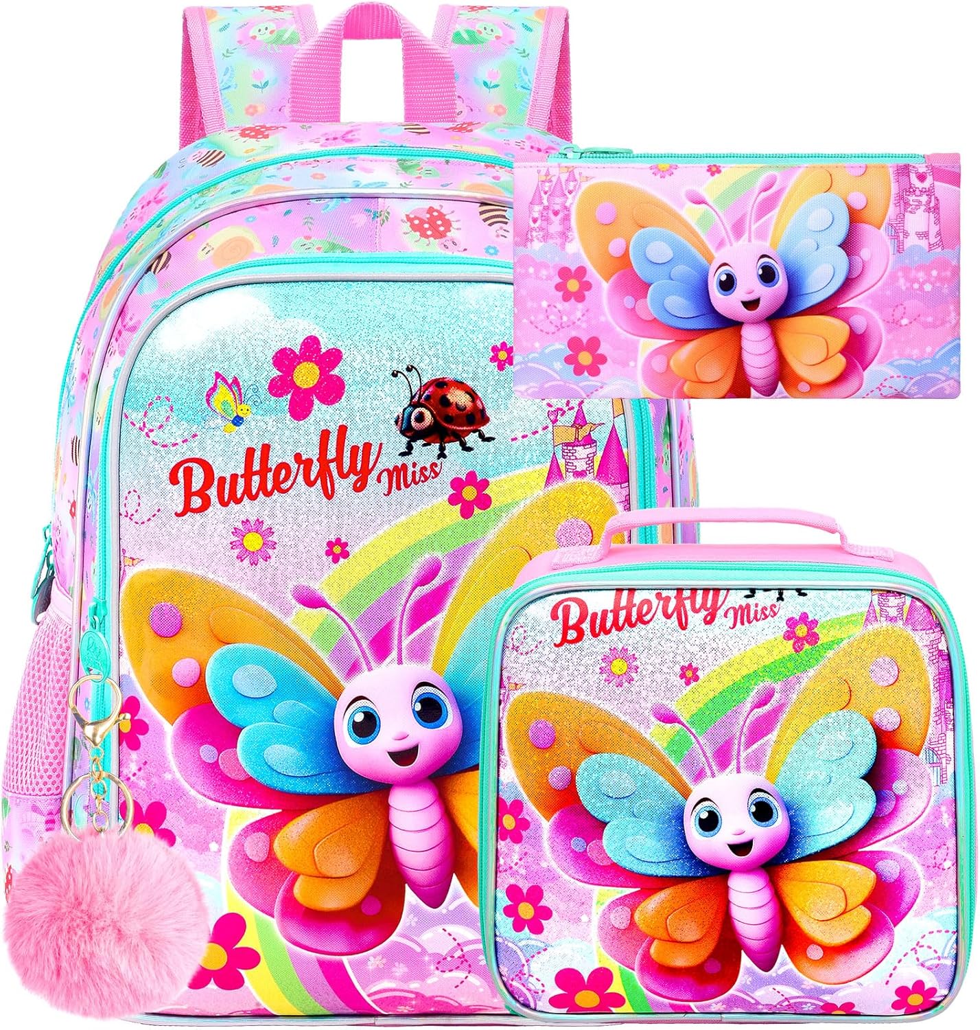 gxtvo 3PCS Butterfly Backpack for Girls, 16" Kids Bookbag with Lunch Box, Water Resistant Elementary School Bag for Preschool Toddler