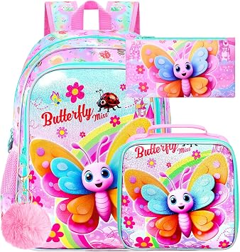 gxtvo 3PCS Butterfly Backpack for Girls, 16" Kids Bookbag with Lunch Box, Water Resistant Elementary School Bag for Preschool Toddler