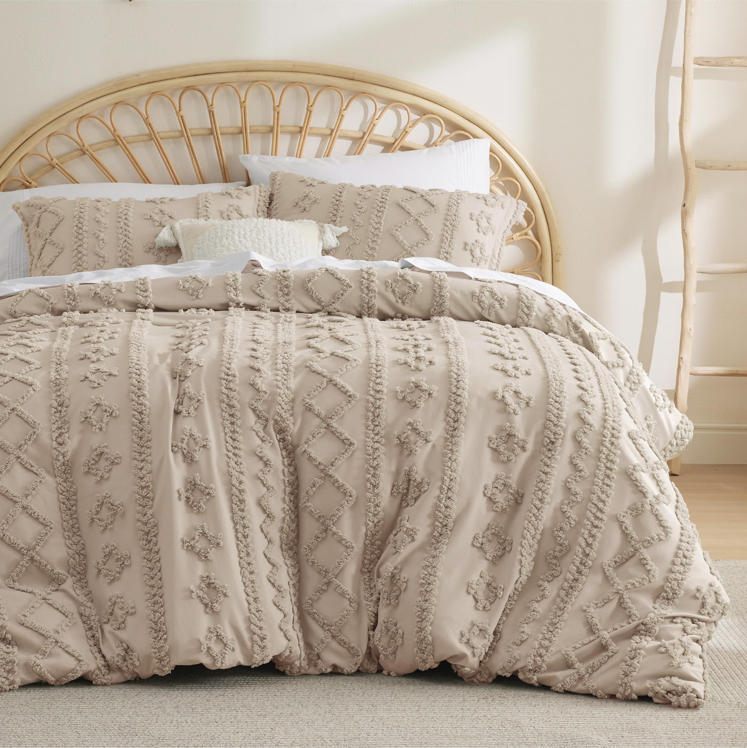 Bedsure Boho Duvet Cover Queen Size - Tufted Duvet Cover Queen Set for All Seasons, 3 Pieces Soft Shabby Chic Embroidery Boho Bedding, Comforter Not Included (Khaki, 90" x 90")