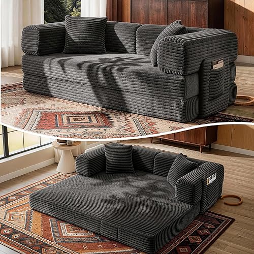 AUGOP Futon Sofa Bed Boneless Couch for Living Room,Pull Out Couch with Sleeper Sofa,Day Bed Couch with Storage Pocket,Removable Corduroy with 2 Pillow (Dark Gray, 81 Inches)