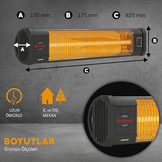 MirKraft Grade Elektrikli Isıtıcı, Kızılötesi Isıtıcı, IP20, Teras Tsıtıcısı, Karbon Isıtıcı, Uzaktan Kumandalı 4 Kademe 2500W