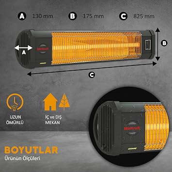 MirKraft Grade Elektrikli Isıtıcı, Kızılötesi Isıtıcı, IP20, Teras Tsıtıcısı, Karbon Isıtıcı, Uzaktan Kumandalı 4 Kademe 2500W