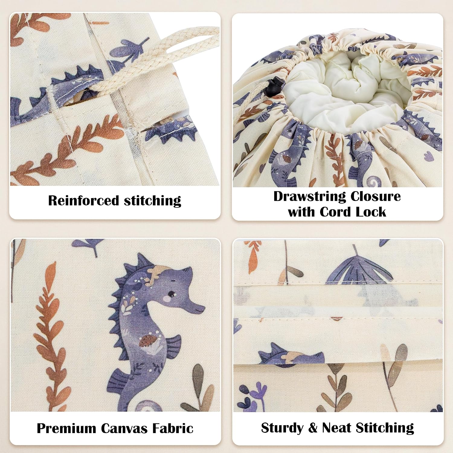 Canvas Laundry Bag with Shoulder Strap & Drawstring, 23"W x 29"H, Seahorse image 3