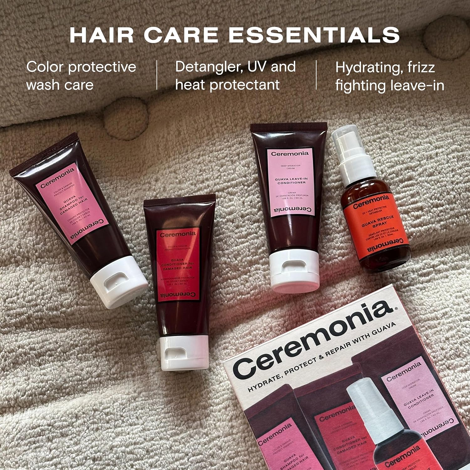 Ceremonia Guava On-the-Go Hair Kit, Travel Size Shampoo, Conditioner, Leave-In and Rescue Spray for Dry, Damaged Hair, 4 Piece Hair Care Set, 50 mL Each
