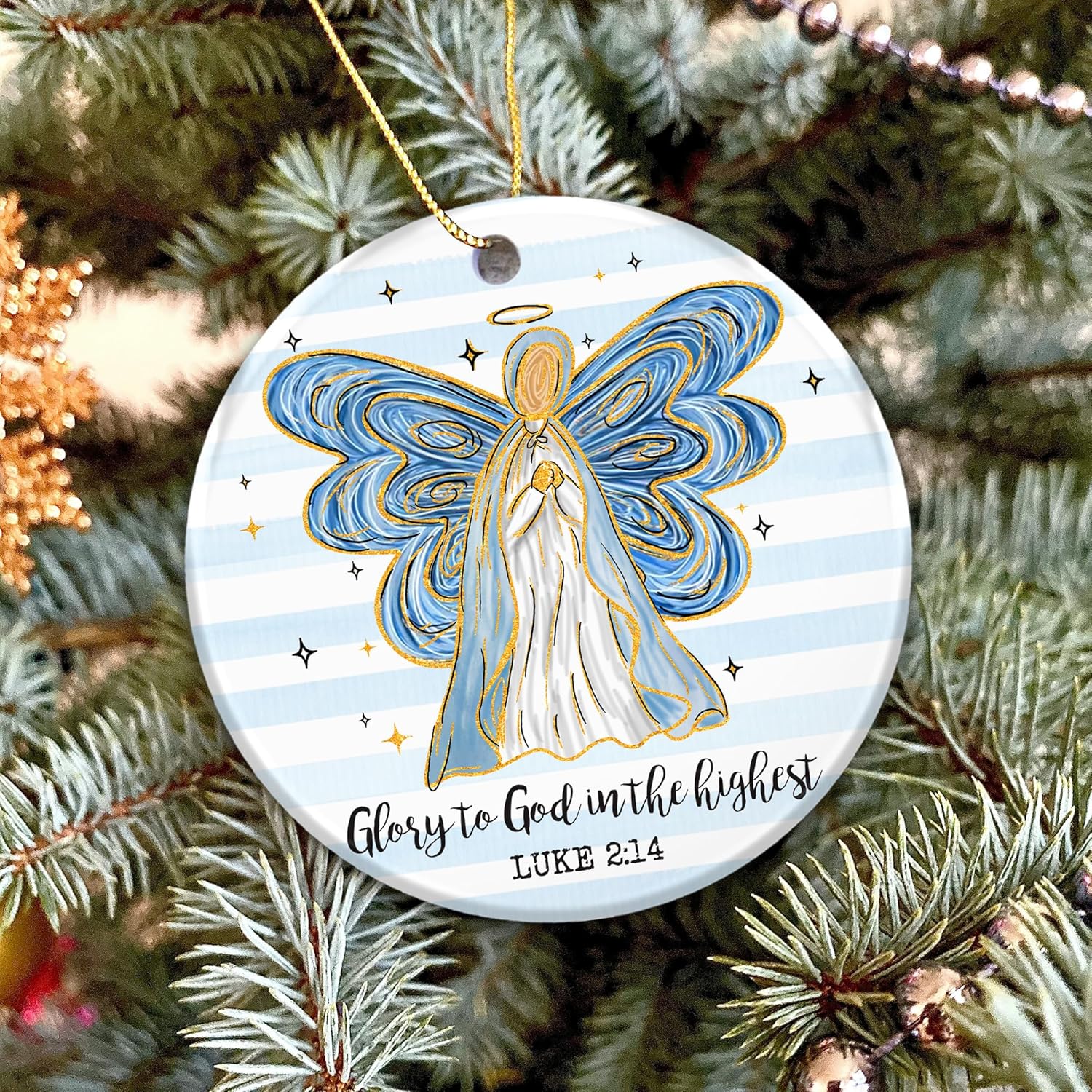 Christian Angel Christmas Ornament 2025 – “Glory to God in The Highest” Luke 2:14 – Religious Ceramic Ornament with Blue & Gold Angel, Inspirational Scripture Holiday Decoration & Faith Gift - Image 3
