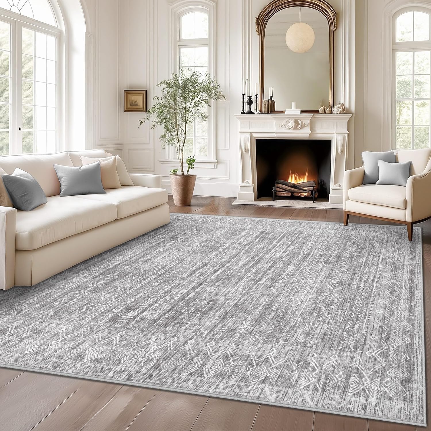 Washable Rug 6x9 Area Rugs: Modern Geometric Rugs for Living Room Non Slip Soft Low Pile Moroccan Indoor Carpet for Bedroom Nursery Dining Room Home Office (Grey, 6'x9')
