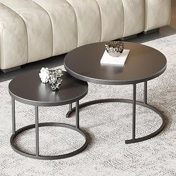 Round Nesting Coffee Table, Black Modern Decorative Coffee Center Table Set of 2, Sintered Stone Coffee Table for Living Room with Sturdy Metal Frame.