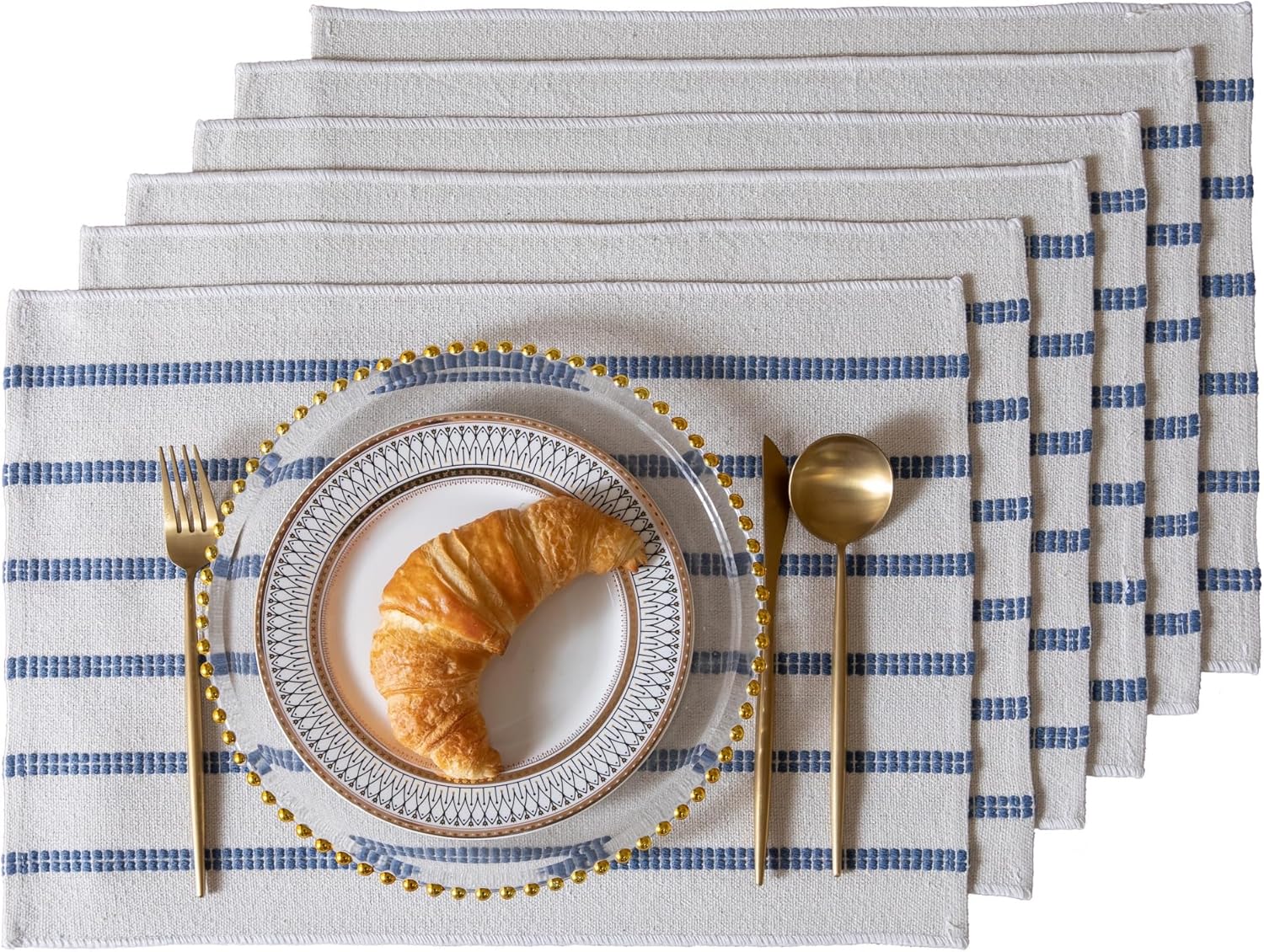 Caflife Boho Farmhouse Placemats Set of 6, Blue Stripes Cotton Linen Woven Table Mats for Modern Dining Table, 13x19 Inch Rustic Kitchen Decor Place Mats