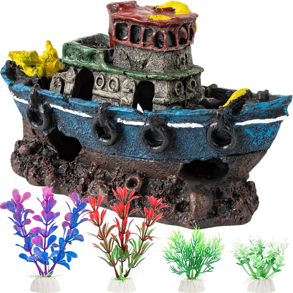 MyLifeUNIT Fish Tank Decor, Steamship with 4 Colorful Aquarium Plants — 사진 1
