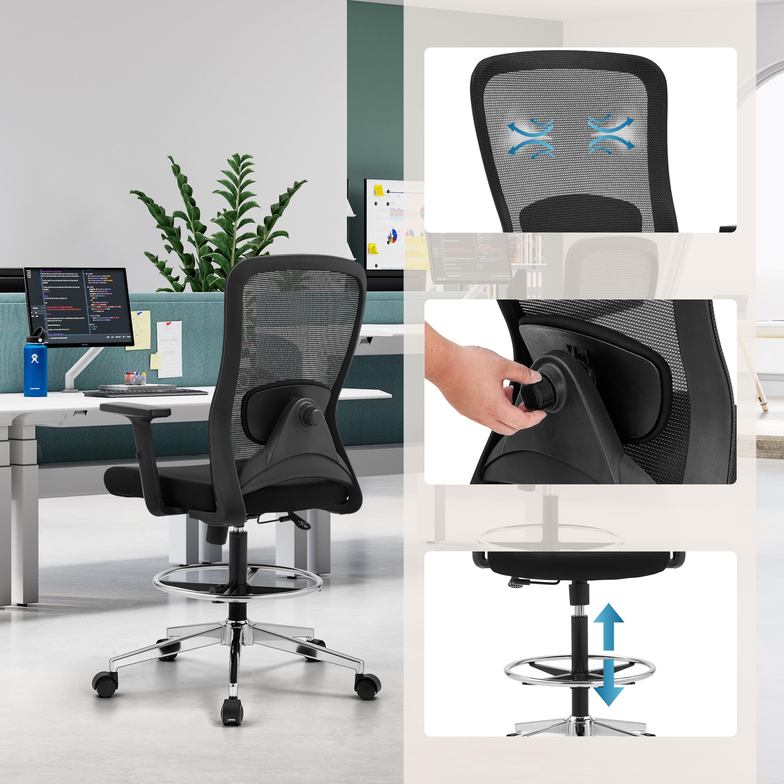 hjh OFFICE Top Work 44 - Silla de Trabajo ergonómica de Malla, Altura Ajustable, reposabrazos y reposapiés, Color Negro