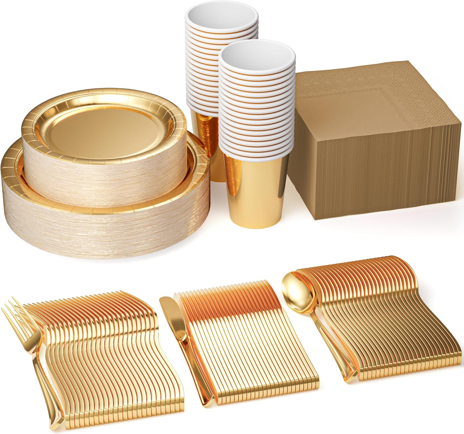 Exquisite 700 Pieces Gold Paper Plates For Party, Gold Disposable Plates Set, 100 Of Each 9" Dinner Plate Sets, 7" Dessert Plate, Cups, Napkins & Cutlery Paper Dinnerware Set